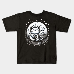 Romantic Cat Playing Guitar with Moon - Cool and Cute Illustration Kids T-Shirt